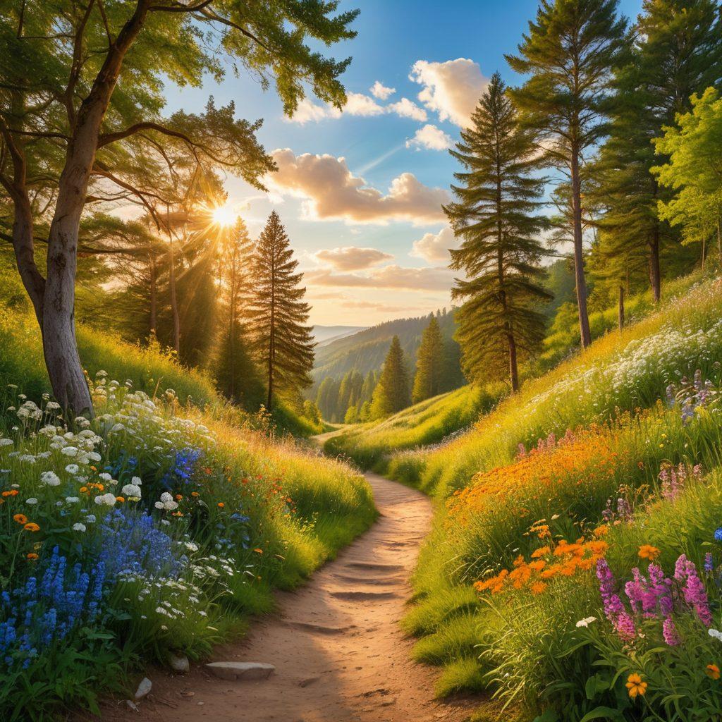 A serene landscape featuring a winding path through a lush green forest, vibrant wildflowers blooming along the sides, with a bright blue sky and fluffy white clouds above. The scene is bathed in warm golden sunlight, creating a cheerful and uplifting atmosphere. Include joyful people of diverse backgrounds walking together, smiling and sharing moments of connection. super-realistic. vibrant colors. light and airy.