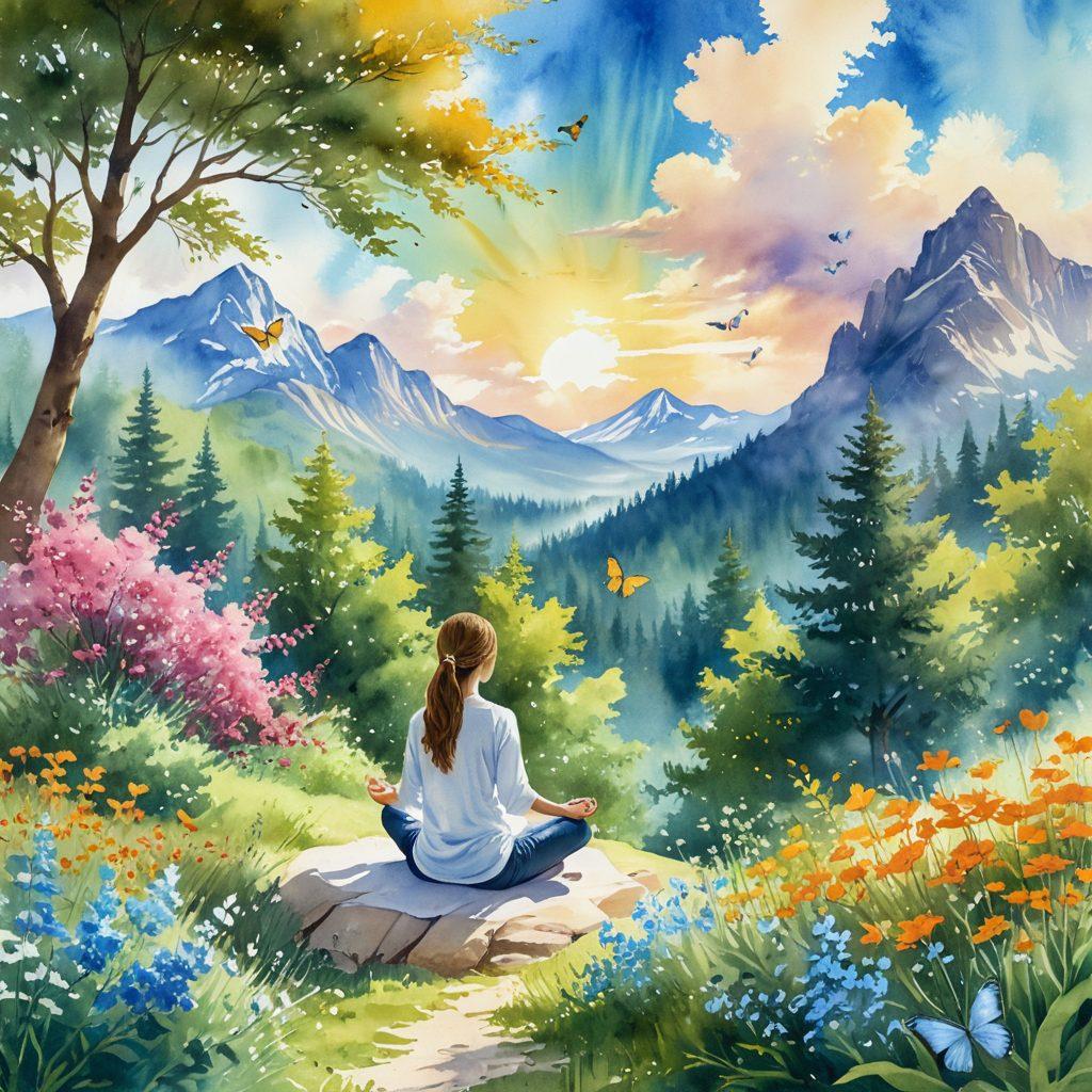A serene, sunlit scene depicting a person meditating on a mountaintop, surrounded by vibrant flowers and green trees, radiating warmth and joy. In the background, a clear blue sky with fluffy clouds reflects a sense of tranquility. Soft, golden sunlight envelops the scene, symbolizing effortless happiness. Playful butterflies flutter around, enhancing the cheerful atmosphere. watercolors, vibrant colors, dreamy style.