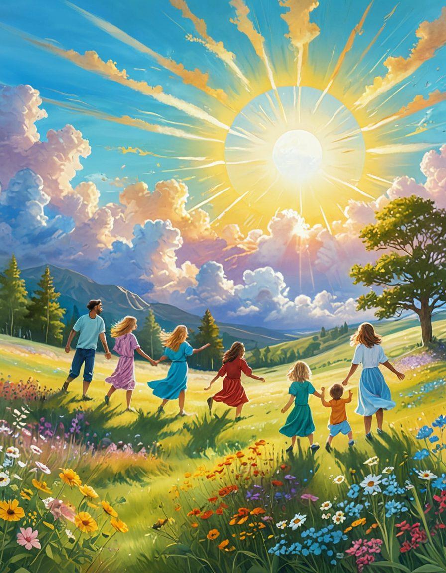 A radiant sun breaking through fluffy white clouds, casting golden rays on a vibrant green meadow filled with colorful wildflowers. In the foreground, a diverse group of people of different ages joyfully engaging in laughter and play, symbolizing effortless happiness. A soft blue sky with gentle pastel hues adds a serene backdrop, inspiring a cheerful atmosphere. Illustration in a whimsical, cartoonish style with bright, lively colors.